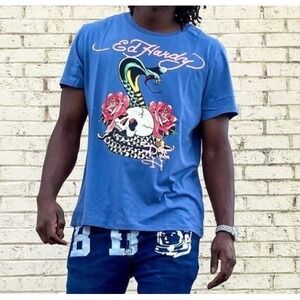 Ed Hardy Mens T-Shirt XL Rose Cobra Skull Slate Blue Y2K Tee Short Sleeve NEW